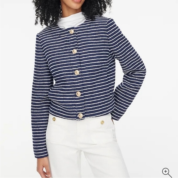NWT J Crew Tweed Lady Jacket Antique Navy Ivory Stripe $228 size 14 gold button - Picture 1 of 12